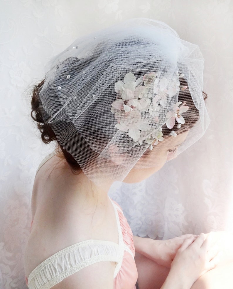 Tulle Birdcage Veil Ivory Birdcage Veil With Crystals Tulle Etsy
