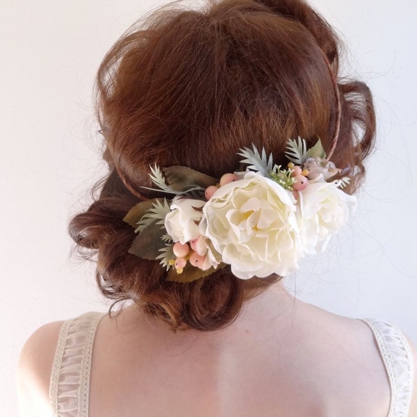 white peony hair accessories, bridal flower crown, floral headpiece, peony hairpiece, bridal headpiece, peach pink, white flower circlet