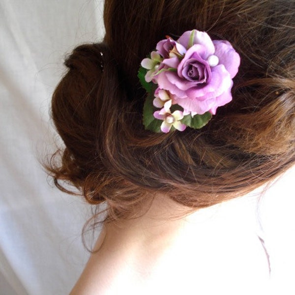 purple hair clip, purple hair flower, floral hair piece, flowers for hair, rose hair pin, bridal hairpiece, bridesmaid hair accessories