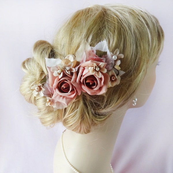 rose gold pink hair clip, mauve pink bridal hair accessories, gold hair flower - ANASTASIA - ornate ivory floral hair accessory