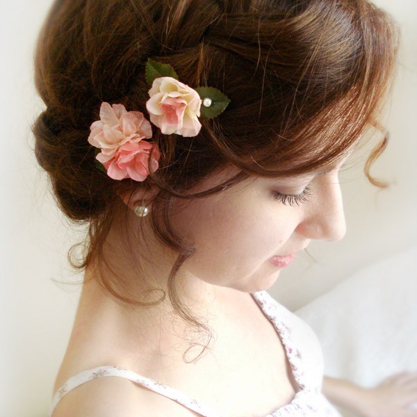 peach pink flower hair pins, blush pink flower, bridal hair accessories - MINUET -  pink flower bobby pins, vintage wedding