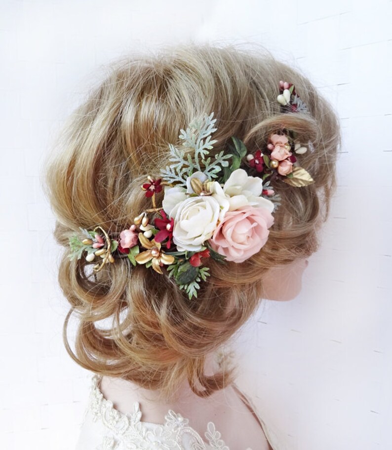 Bridal hair piece flower burgundy and blush hair comb Etsy