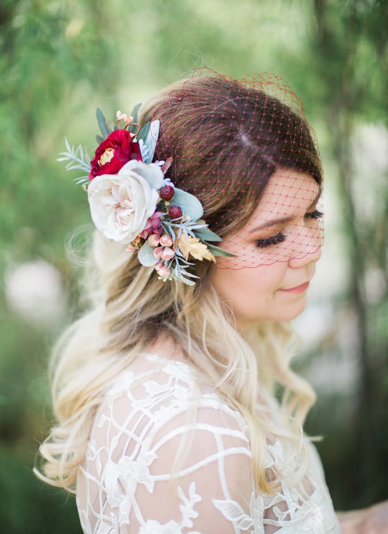 Burgundy wedding headpiece bridal hair clip flower cream Etsy