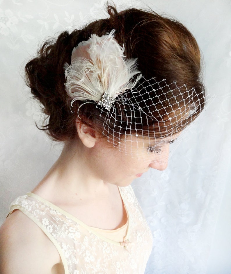 birdcage veil with crystals, small birdcage veil, mini birdcage veil bandeau SPRINKLED SPARKLES bridal headpiece, wedding hairpiece image 3