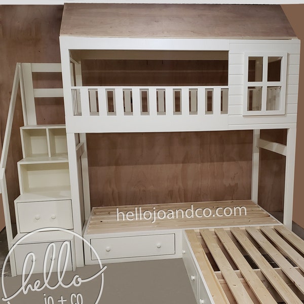Solid wood cottage triple bunk bed with stairs and storage