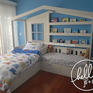 Solid Wood Reading Nook Bed with Drawers toddler bed kid's bed bed with book shelves