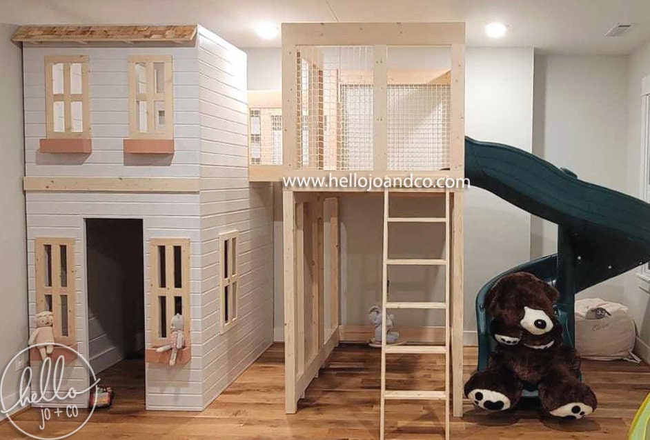 Custom PLAYROOM with playhouse, slide, rock wall