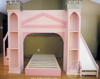 Custom Color Castle Playhouse Bed with drawer storage stairs and slide