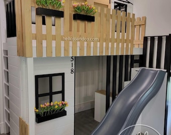 Custom Playhouse loft with drawer storage stairs, slide, barn doors and balcony