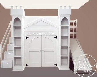 Custom Castle Playhouse loft bed with drawer storage stairs, slide & doors