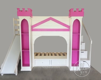 Custom Castle Playhouse Bunk Bed: Solid Wood Loft with Slide & Storage