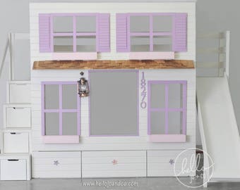 Custom twin over removable twin playhouse loft bed with slide and drawer storage stairs