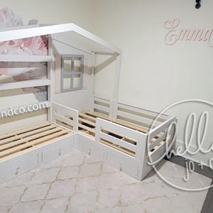 Solid Wood Reading Nook Bed with Drawers twin toddler L-shaped bed horizontal rails