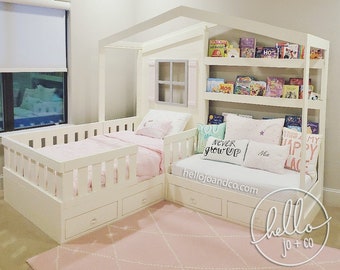 Solid Wood Reading Nook Bed with Drawers toddler bed kid's bed bed with book shelves