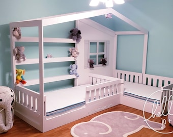 Solid Wood Twin / Twin Reading Nook Bed L Shaped Bed