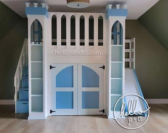 Custom Castle with terrace top, slide, drawer storage stairs and double doors.