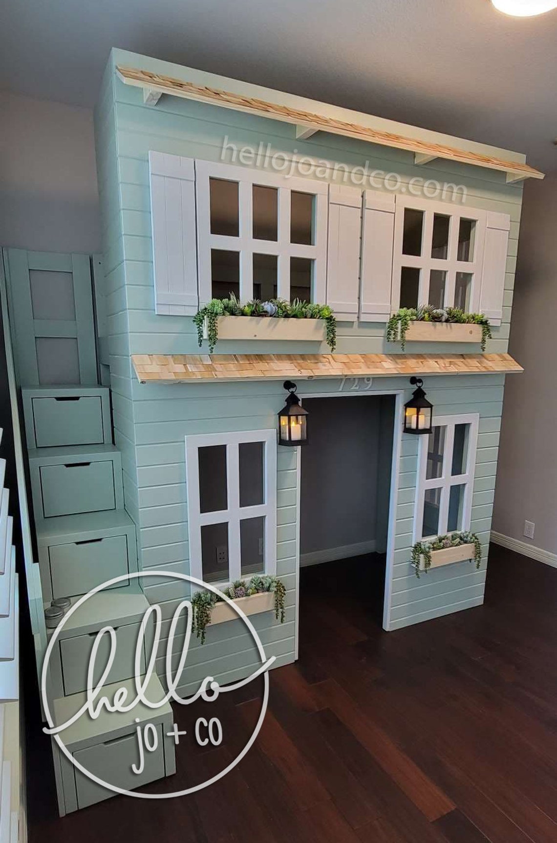 Custom Playhouse Loft Bed With Drawer Storage Stairs Etsy