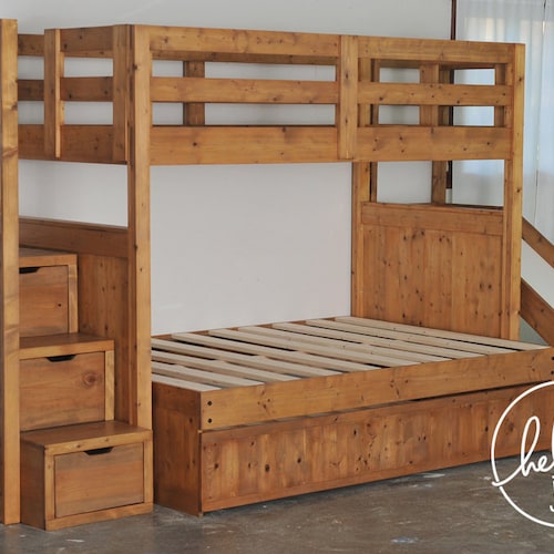 Over Twin Trundle Solid Wood Bunk Bed, Full Over Bunk Beds With Stairs And Trundle