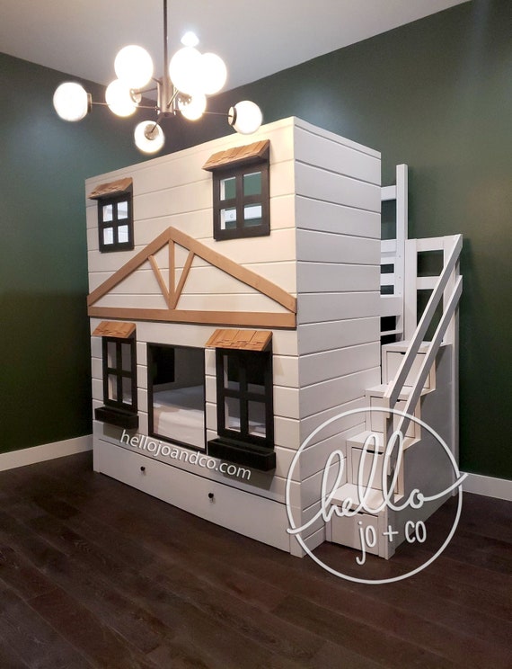 Custom Farmhouse Playhouse Full Over Full Over Twin Trundle With Stairs Kid s Playhouse Bed Etsy UK