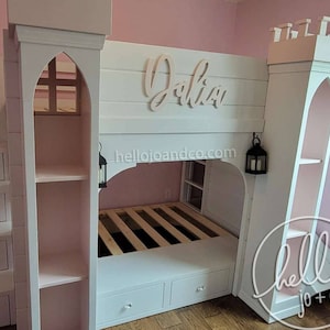 Custom Castle Playhouse loft bed bunk bed with drawer storage stairs, slide & drawer storage platform