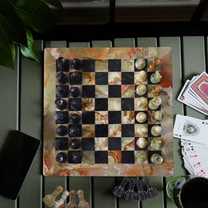 Onyx Marble Chess Set | Stone Chess Pieces  | Marble Chess Board Game | Onyx Green & Black | Artistic Gift for Birthday