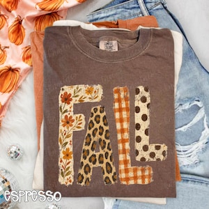 May include: A dark brown short-sleeve t-shirt with a crew neckline and a Comfort Colors label. The front features the word FALL in large block letters, with each letter displaying a different pattern: floral, leopard print, orange gingham, and polka dots.