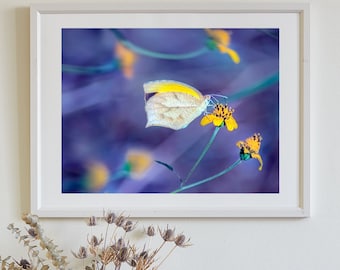 Yellow Butterfly Art Print with Wildflowers as Home Decor Gift for Nature Lover