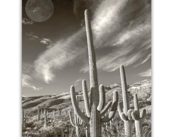 Surreal Desert Cactus Moon Art | Southwestern Wall Decor in Sepia Tone for Home