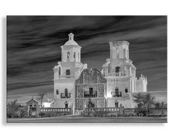 San Xavier Mission Black and White Night Photo - Tucson Arizona Art Print