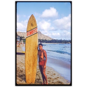 Vintage Hawaii Surfing Midcentury Art Photograph with Diamond Head and Waikiki