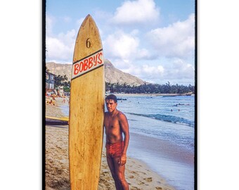 Vintage Hawaii Surfing Midcentury Art Photograph with Diamond Head and Waikiki