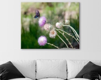 Large Wall Decor Nature Print for Home with Butterfly and Wild Thistle Flowers