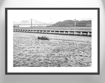 Crew Rowing Picture on San Francisco Bay at Fisherman's Wharf Breakwater in Black and White