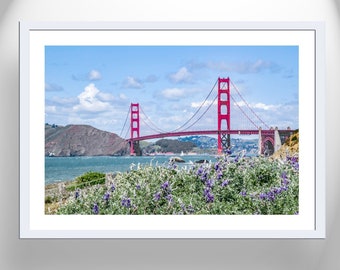 Golden Gate Bridge Photo Art with Sailboat and Coastal Wildflowers