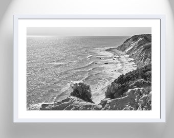 Block Island Photo Print with Mohegan Bluffs as Contemporary Coastal Art in Black and White