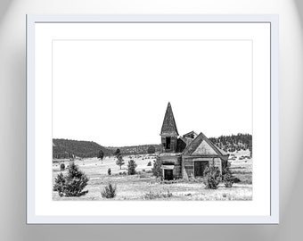 Black and White Fine Art Print of Surreal Old Western Church