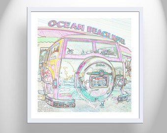 San Diego Ocean Beach California Woody Surf Wagon Car Art Print as Automotive Wall Decor