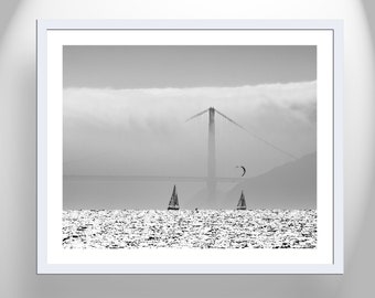 Kitesurfing and Sailing Art Print in San Francisco Bay in Black and White