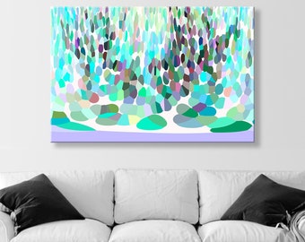 Nature Inspired Art Print of Brook and Forest in Pastel Blue Colors on Framed Canvas