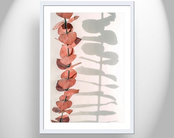 Minimalist Botanical Art in Red and White as Contemporary Wall Decor with Eucalyptus Leaves