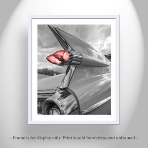 Cadillac Picture as Classic Automobile Wall Art with Tail Fins in Black and White
