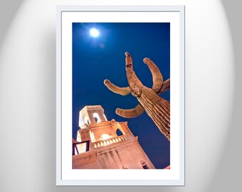 Fine Art Print in Southwestern Style with Colonial Church at Night with Cactus Moon