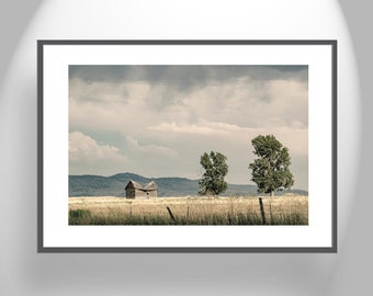 Rustic Country Farm Style Art Print for Home with Western Prairie Landscape and Log Cabin