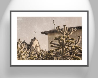 Lompoc California Spanish Mission Church Art in Vintage Style as Home Wall Decor