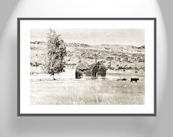 Western Ranch Style Wall Decor with Old Log Cabin in Sepia Tone