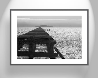 Berkeley Pier Photograph with Alcatraz Island in Black and White