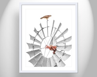 Hawk and Windmill Fine Art Print in Minimalist Style by Murray Bolesta