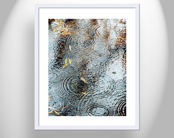 Rain Drops and Water Ripples Photograph with Autumn Leaves as Elegant Home Decor