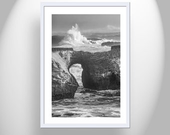 Mendocino Coast Vertical Wall Art Print with Ocean Waves in Black and White