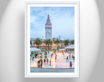 San Francisco Photograph with Ferry Building at Embarcadero Plaza at Christmas as Wall Decor Print